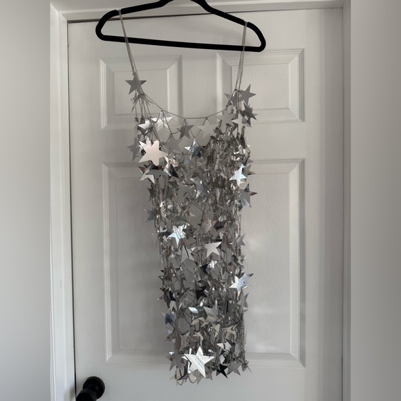 Silver Star Chainmail Mini Dress Festival Rave Metallic Party OS - Picture 7 of 9